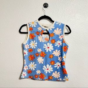 Retro Blue Daisy Flower Floral Keyhole Crop Tank Top